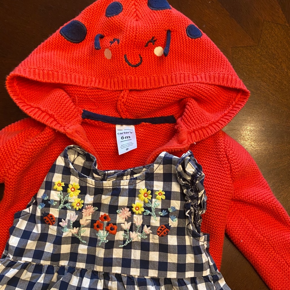 Knit baby girl ladybug outfit (sweater,shirt,pant)